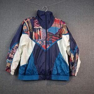 Just For Petites Vintage 90s Colorblock Abstract Print Windbreaker Jacket Navy M